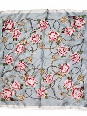 Light Blue Floral Silk-Feel Scarf with Pink Roses